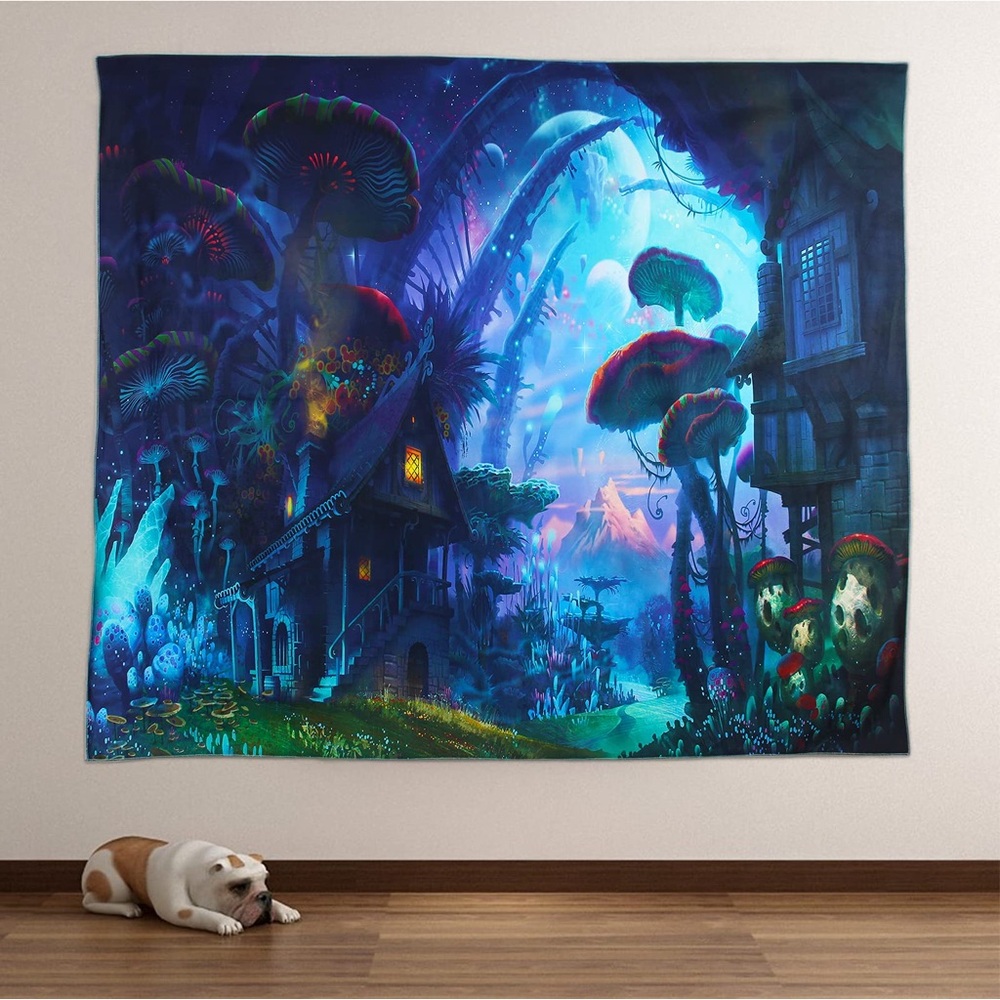 Large Trippy Psychedelic Mushroom Hut In The Forest Tapestry Wall Art Hanging - Picture 1 of 11